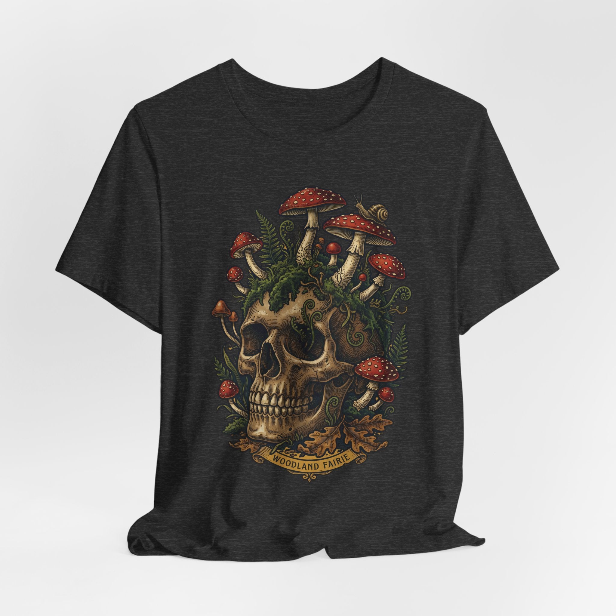 Mushroom skull graphic T-shirt, dark heather grey, front view with skull, mushrooms, and text