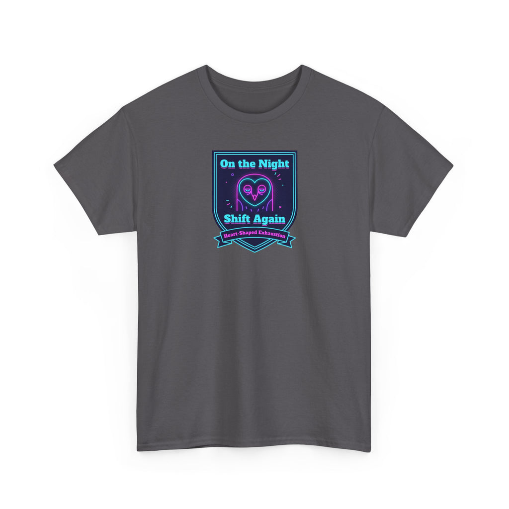 Charcoal crew-neck T-shirt with short sleeves, front graphic print