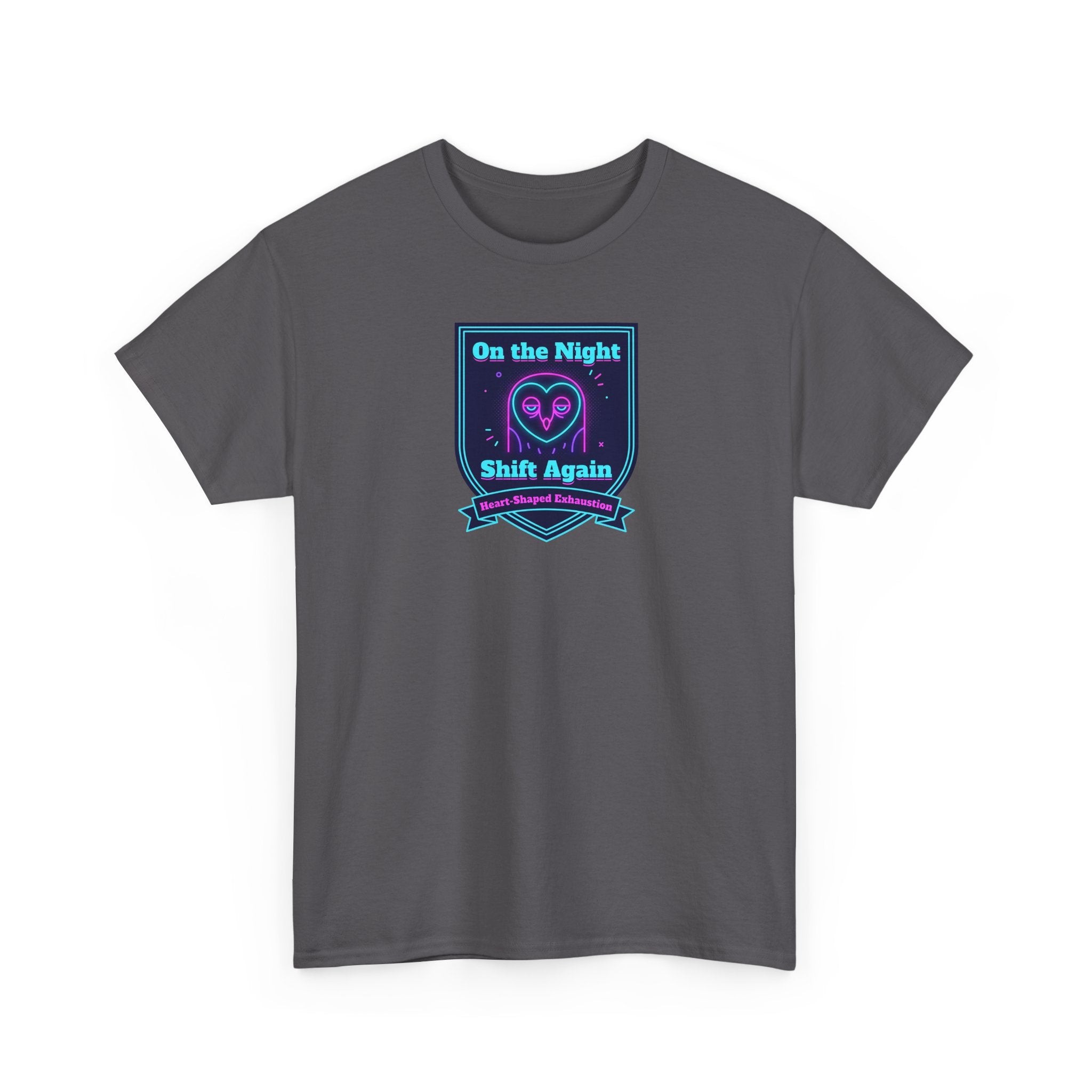 Charcoal crew-neck T-shirt with short sleeves, front graphic print