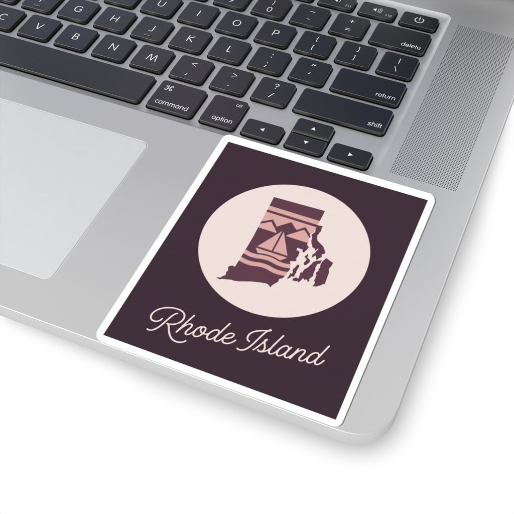 Rhode Island state silhouette kiss-cut decal on laptop, dark purple square with 'Rhode Island' script
