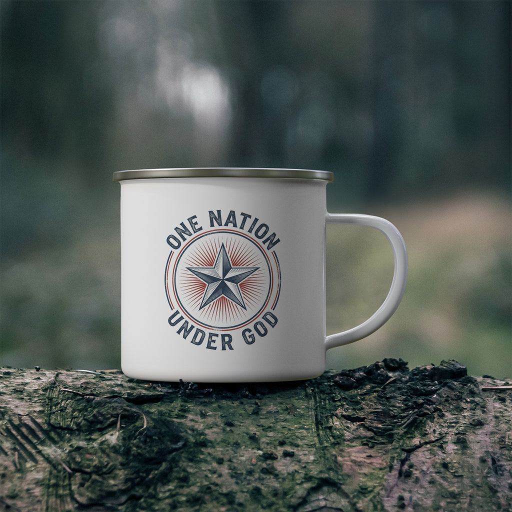 Enamel camping mug, white with One Nation Under God starburst logo outdoors