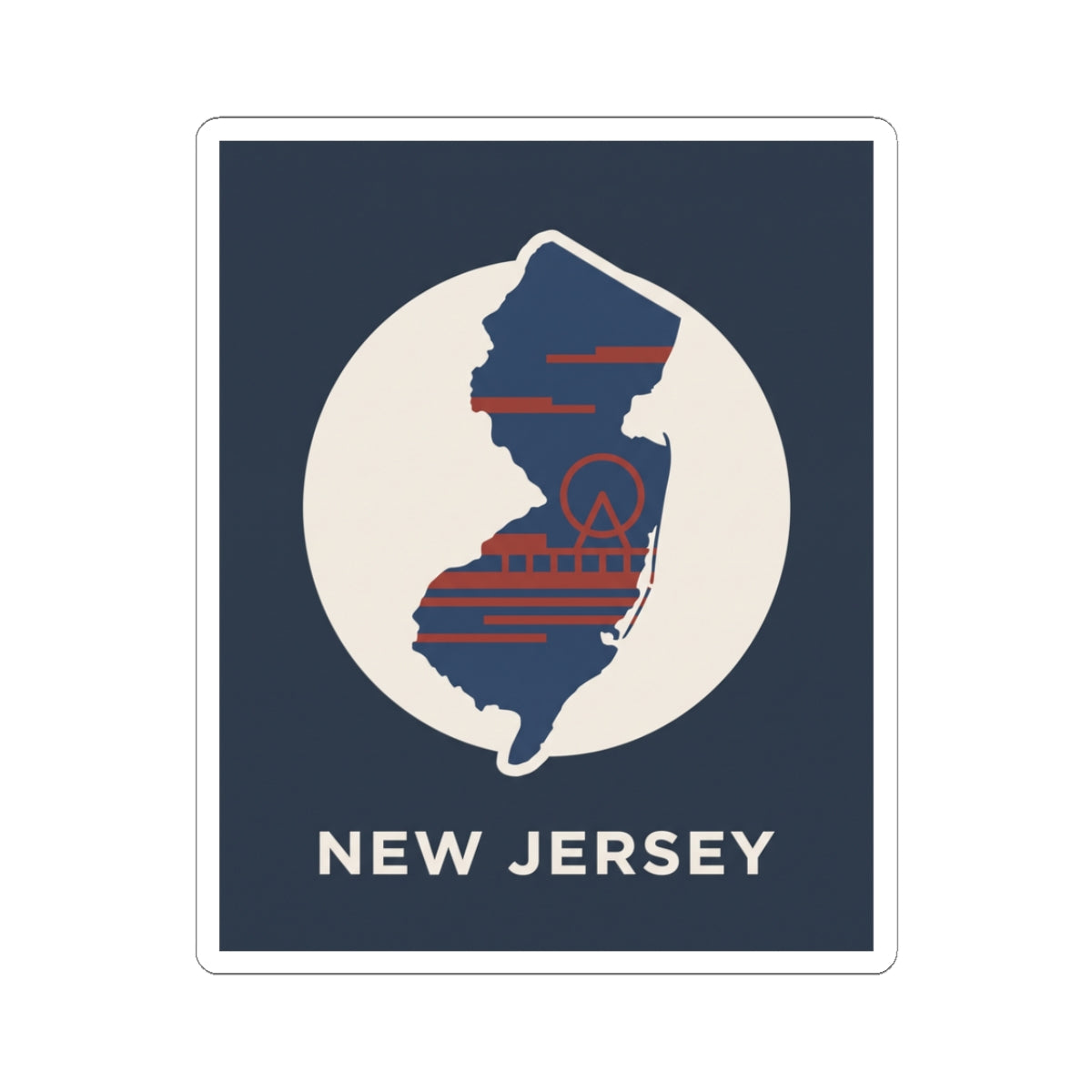 New Jersey state map kiss-cut sticker, navy background with red stripes and white map circle