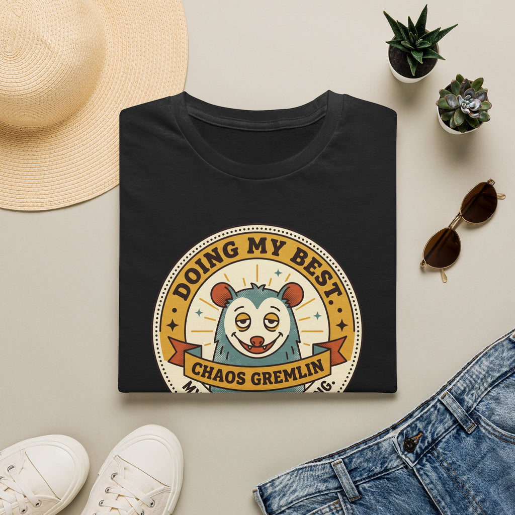 Black t-shirt with “Doing My Best Chaos Gremlin” cartoon chest graphic