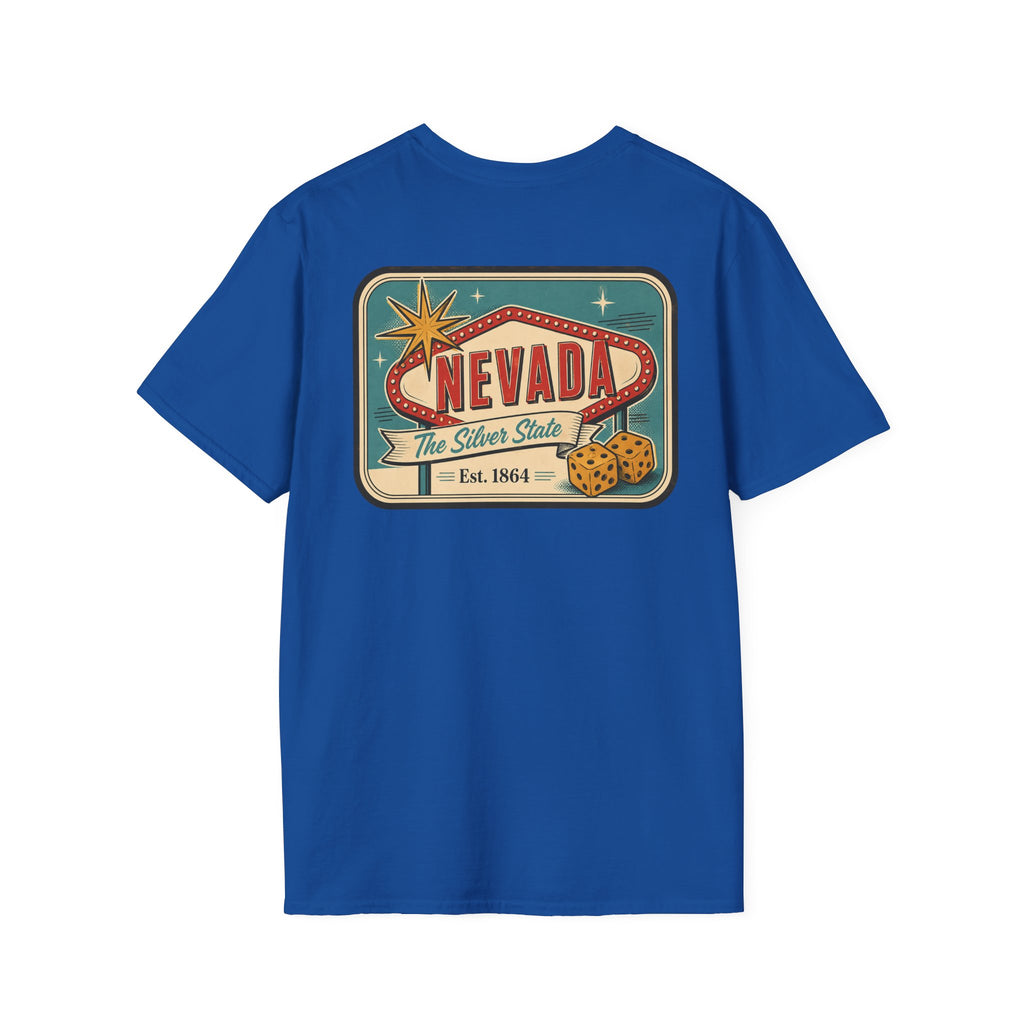 Royal blue T-shirt with Nevada luggage tag graphic print on the front