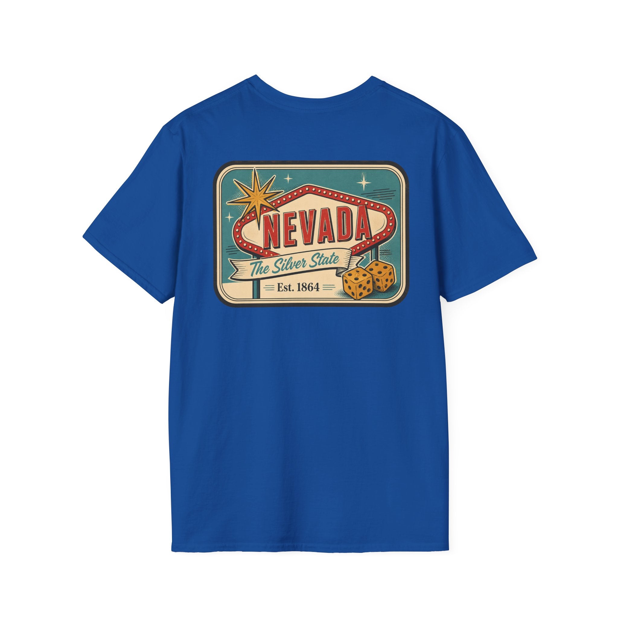 Royal blue T-shirt with Nevada luggage tag graphic print on the front
