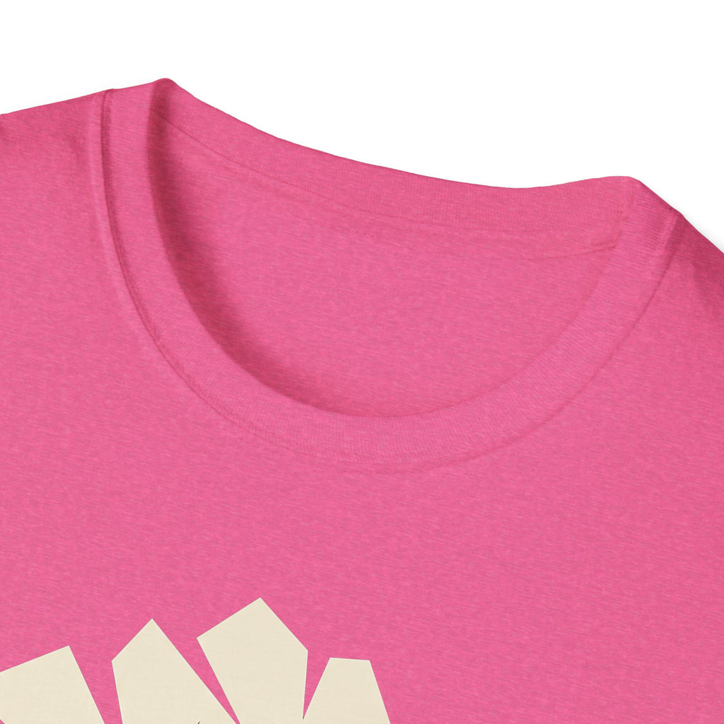 Heather red T-shirt, crew neck; geometric tree graphic partial view at chest