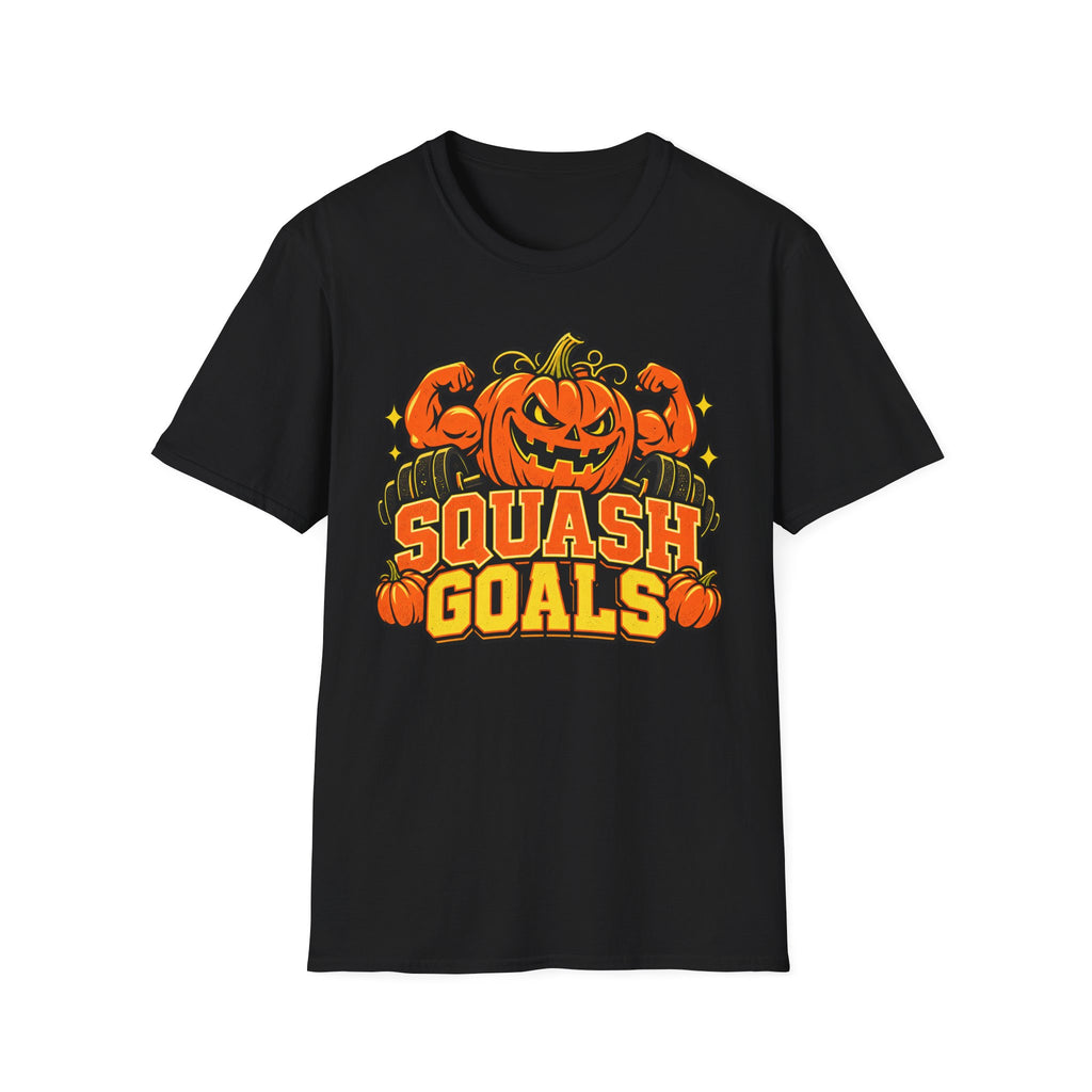 Black Halloween T-shirt with jack-o-lantern pumpkin graphic and "SQUASH GOALS" text