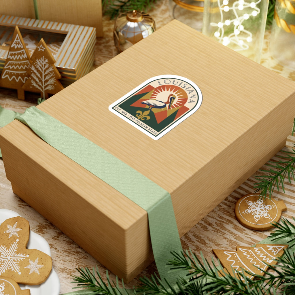 Louisiana pelican state sticker on gift box, arched vintage pelican badge