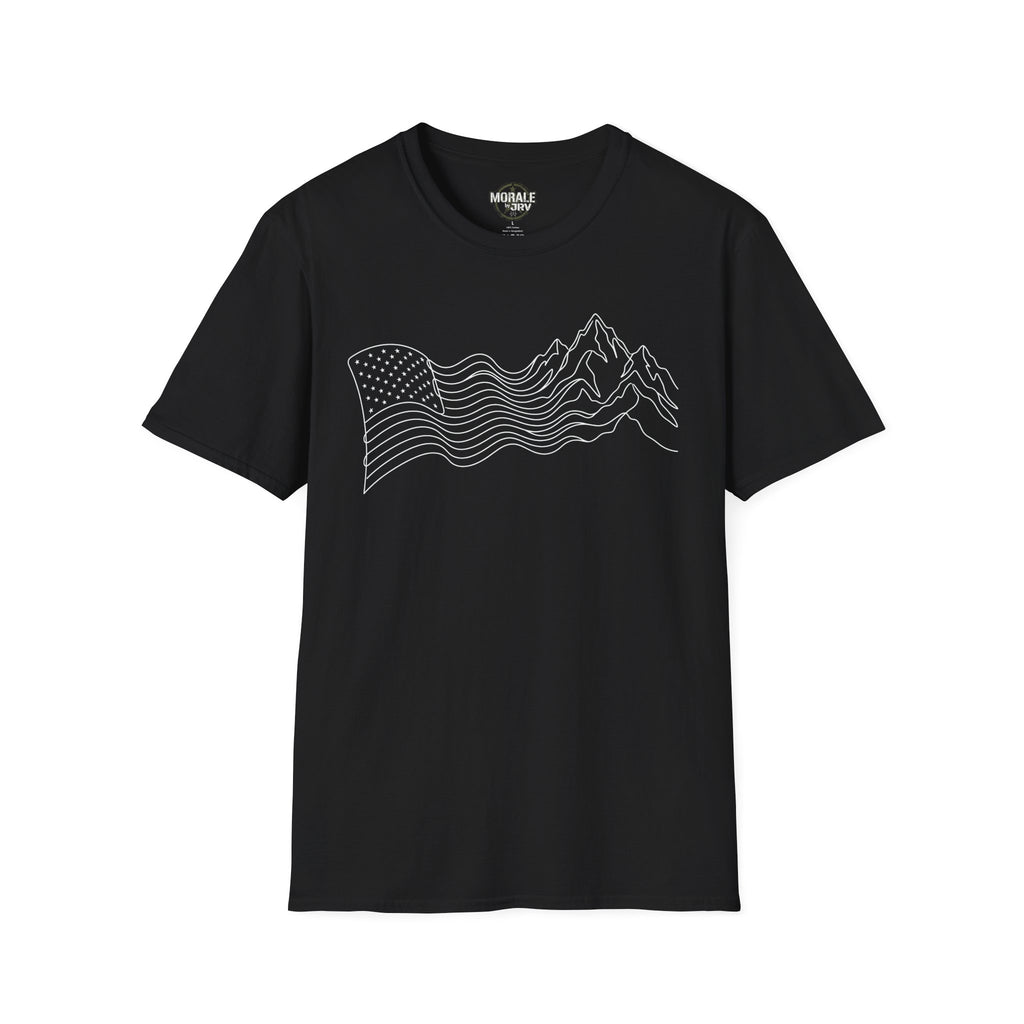 Black T-shirt with minimalist mountain wave line art on the front