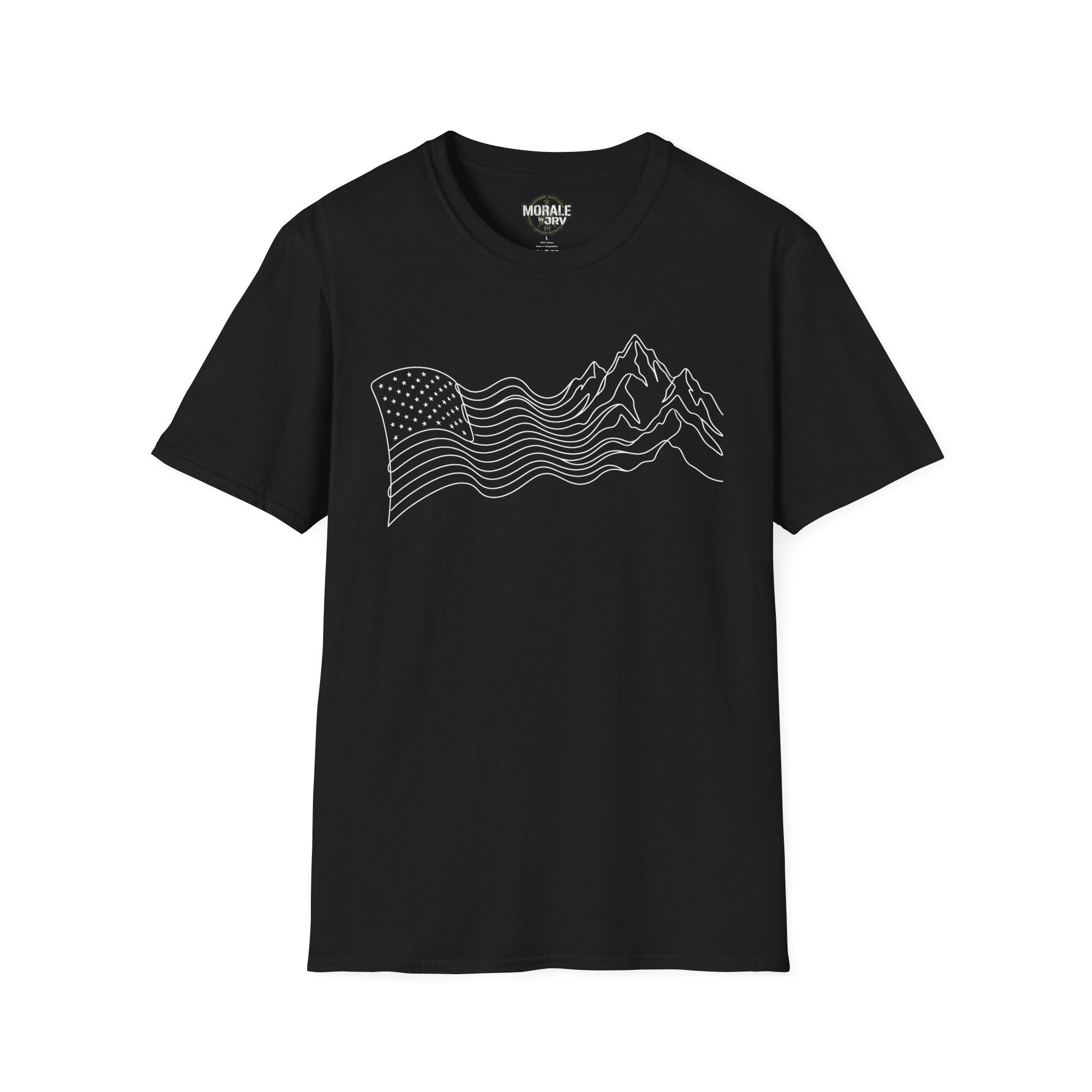 Black T-shirt with minimalist mountain wave line art on the front