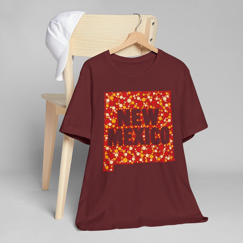 Burgundy crew-neck T-shirt with colorful New Mexico square graphic
