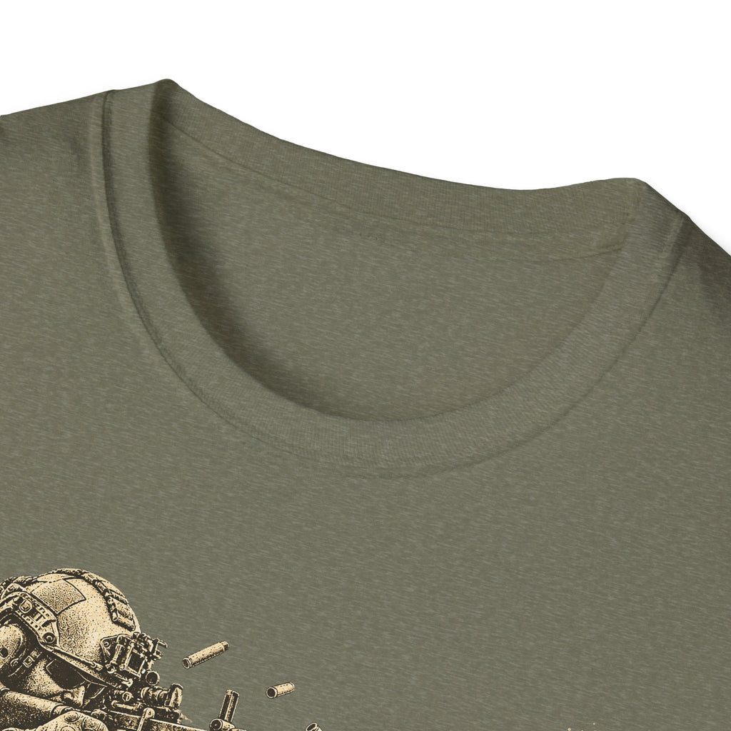 Olive green crewneck T-shirt with partial vintage soldier gunner graphic at lower edge