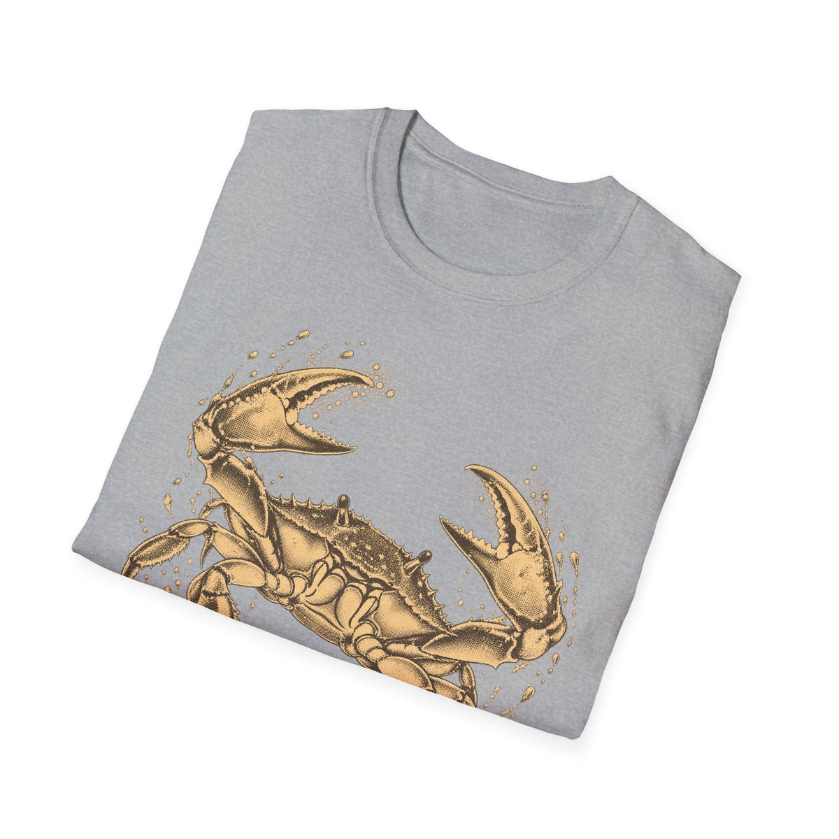 Heather gray T-shirt with vintage gold crab and fish graphic on front