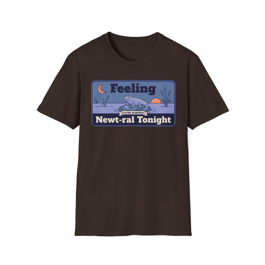 Dark chocolate T-shirt with crew neck and blue newt graphic front