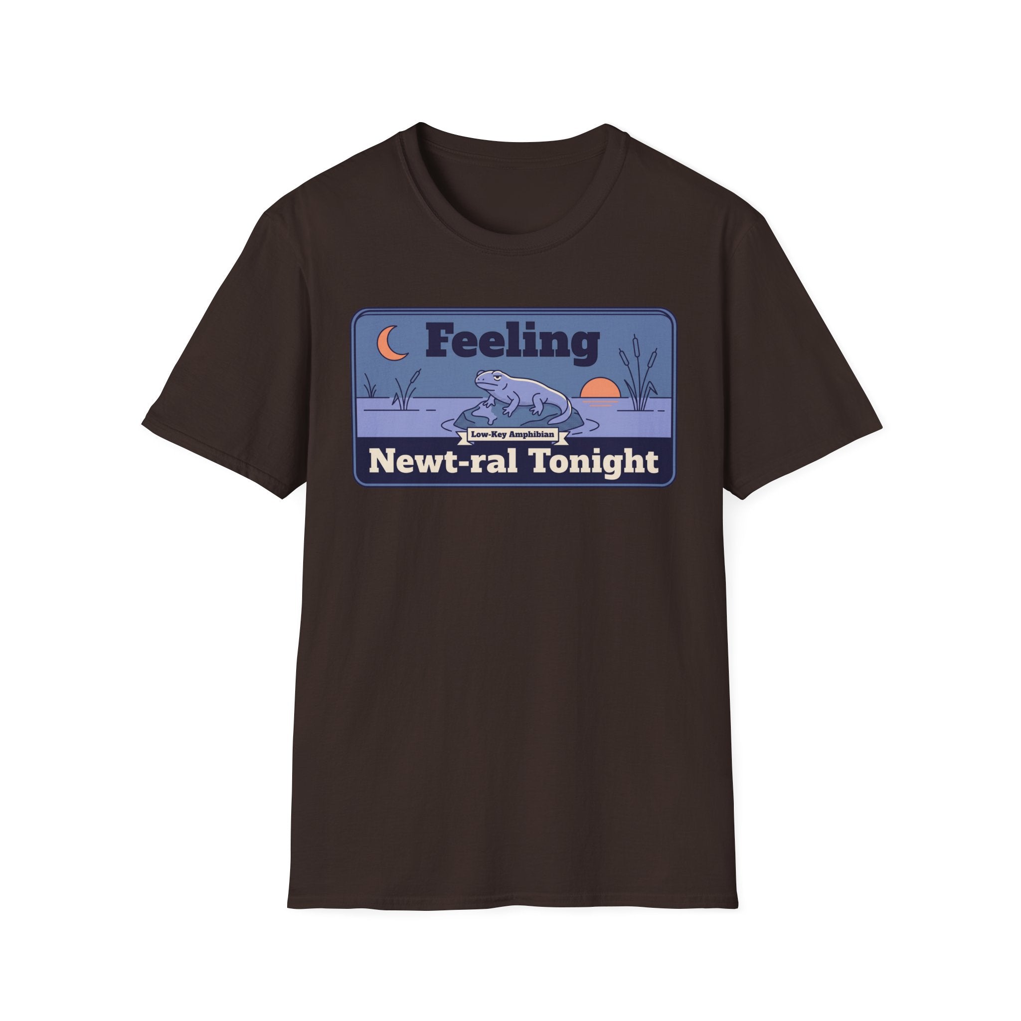 Dark chocolate T-shirt with crew neck and blue newt graphic front