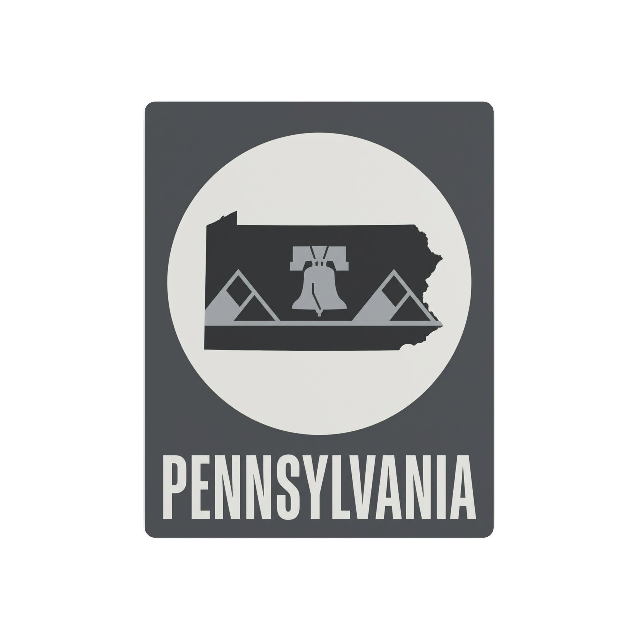 Pennsylvania metal wall sign, dark gray square with Liberty Bell graphic and 'PENNSYLVANIA' text
