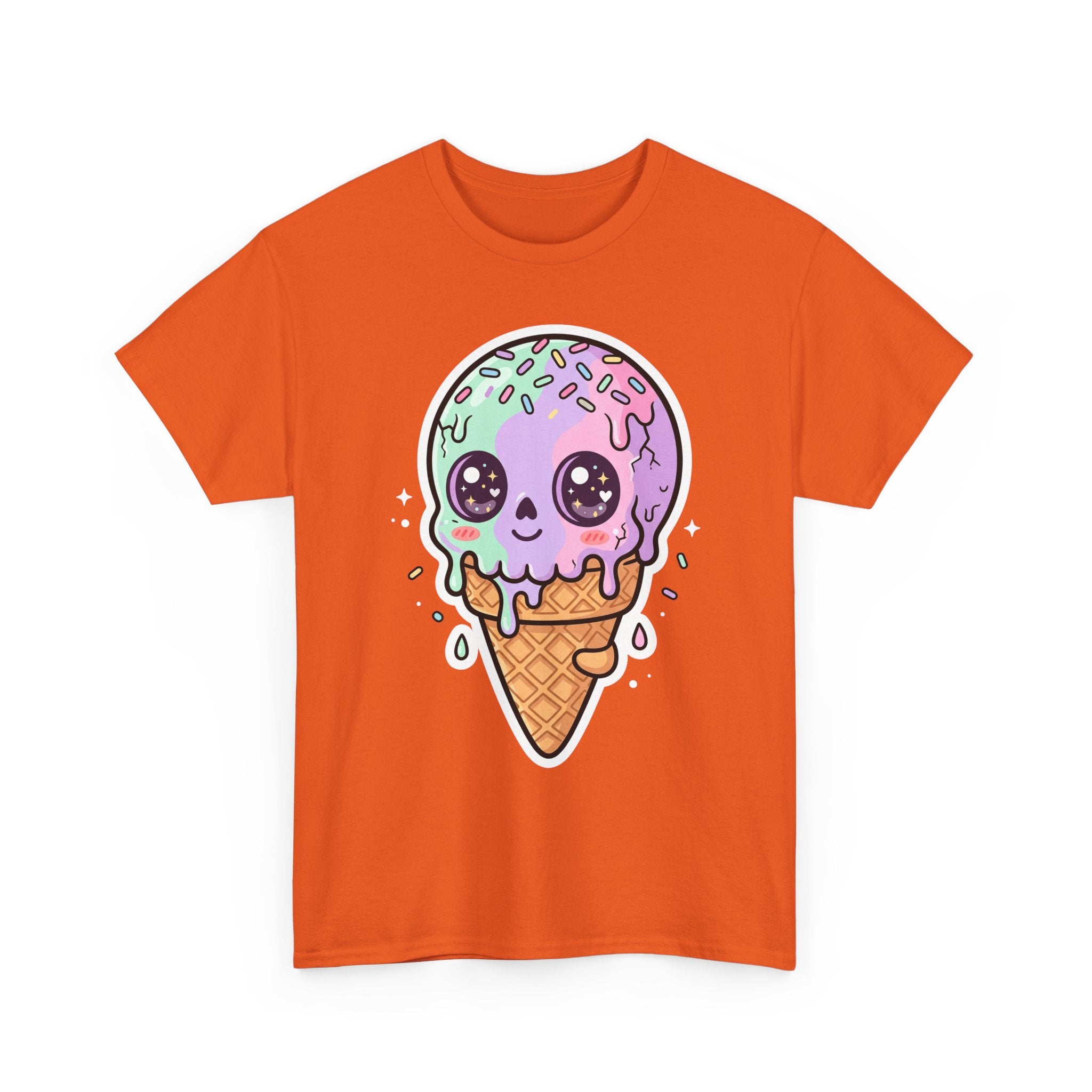 Orange t-shirt with kawaii melting ice cream cone face graphic, front