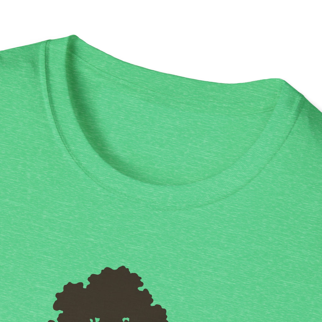 Green T-shirt close-up of crew neck; small sequoia tree graphic at bottom edge