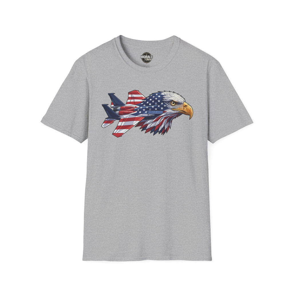 Patriotic eagle graphic T-shirt (heather gray) with plane and American flag design