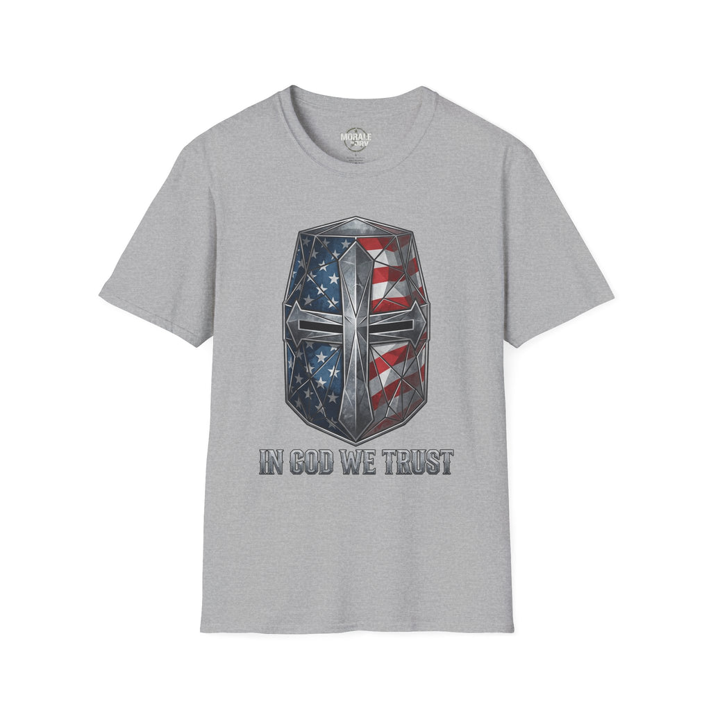 Sport grey T-Shirt with American-flag crusader helmet design and “IN GOD WE TRUST”