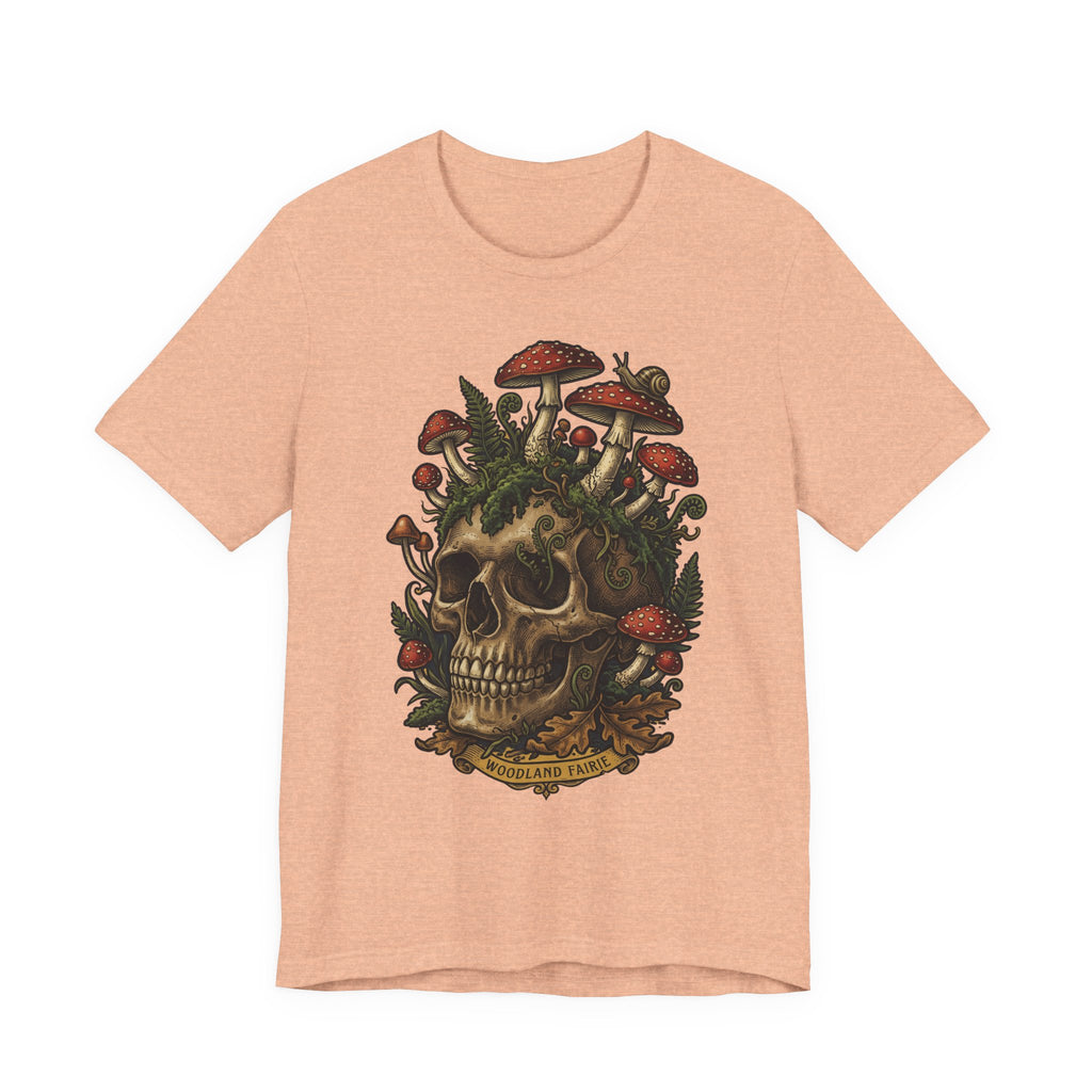 Mushroom skull T-shirt in Heather Peach with dark botanical skull graphic