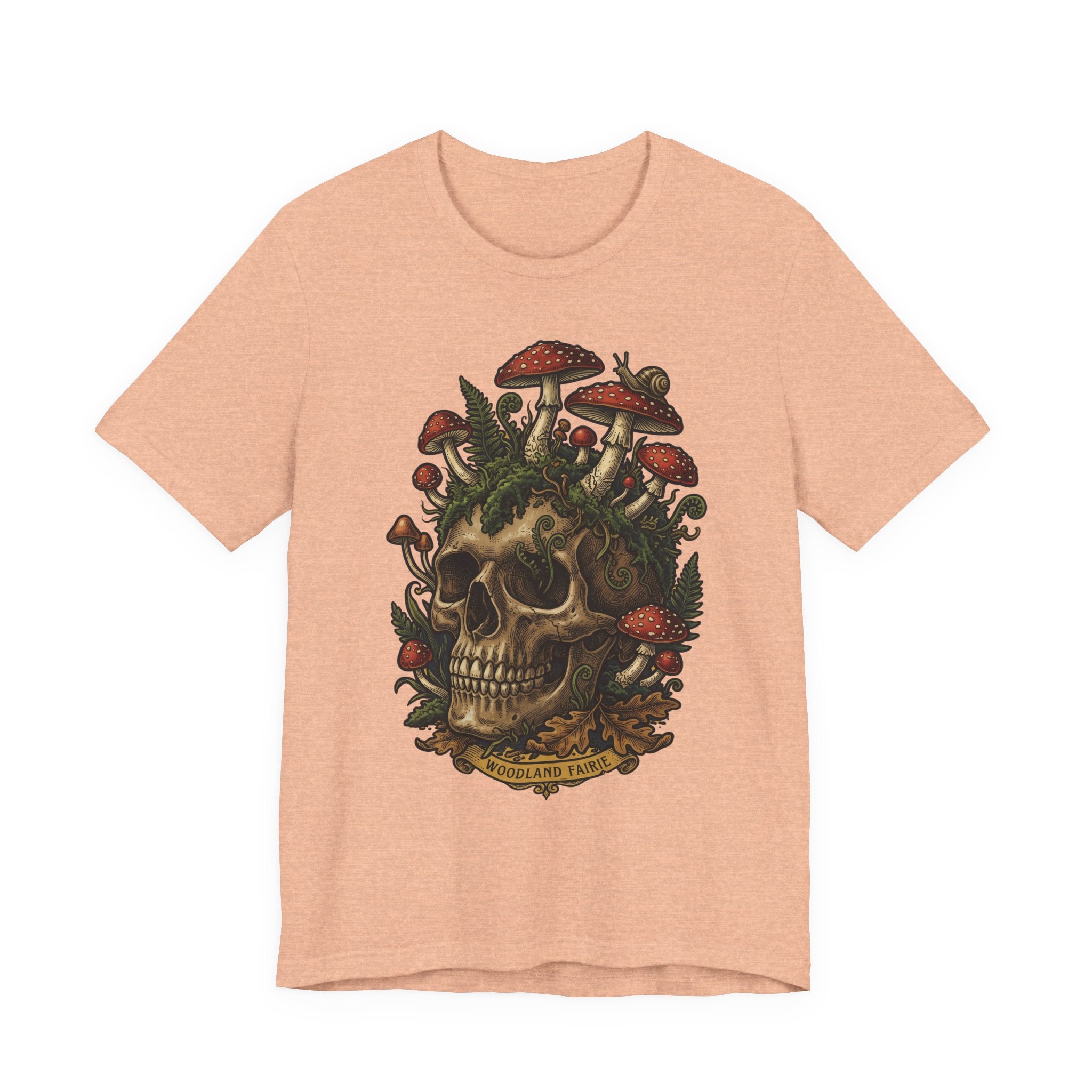 Mushroom skull T-shirt in Heather Peach with dark botanical skull graphic