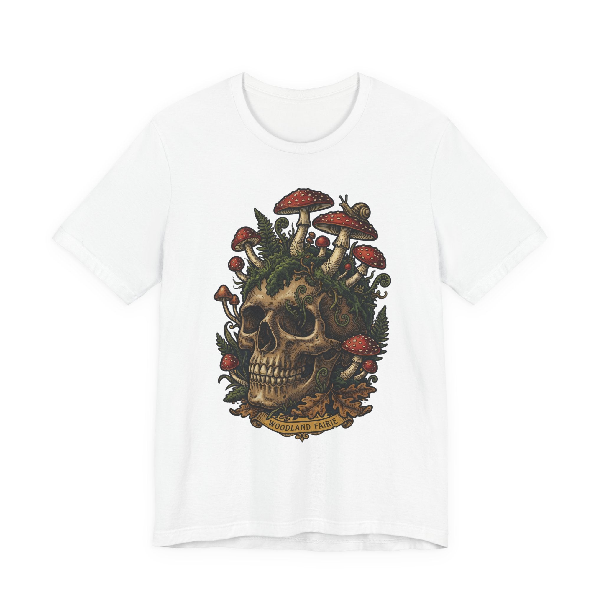Mushroom skull T-shirt in White with dark botanical skull graphic on front