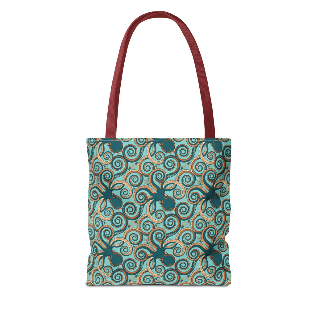 Teal octopus swirl tote bag with red handles