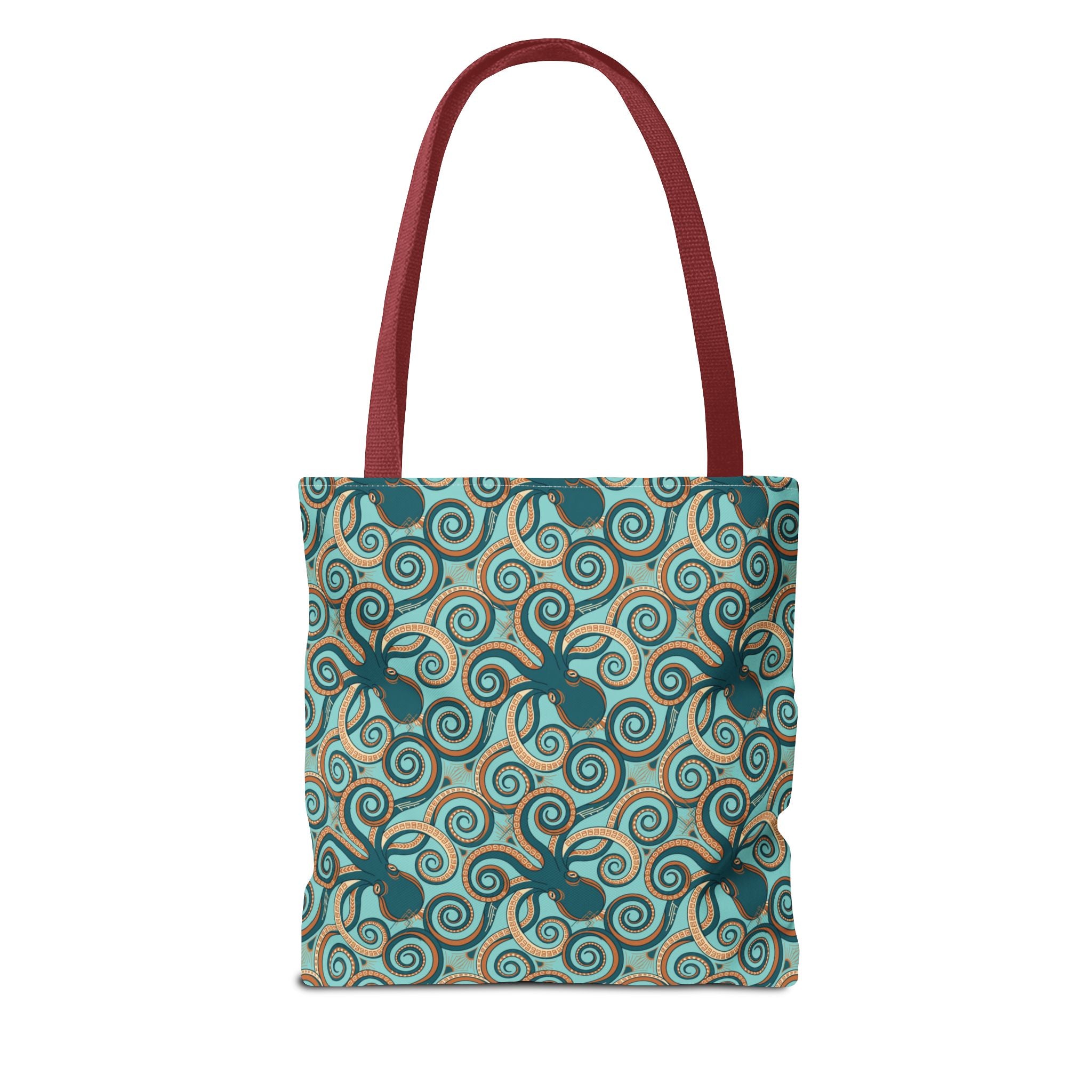 Teal octopus swirl tote bag with red handles
