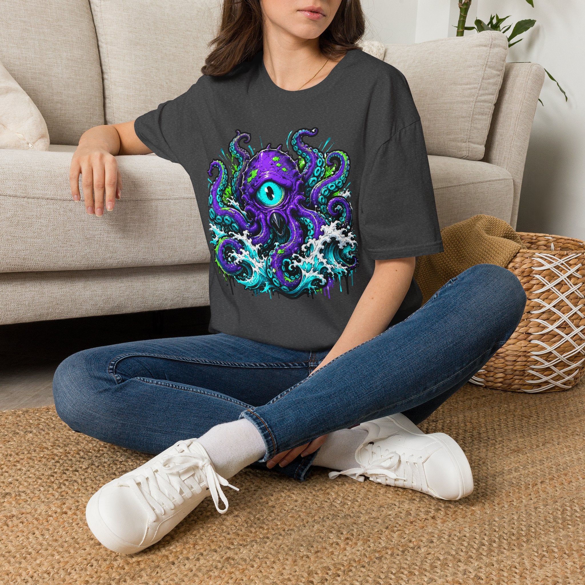 Charcoal crew-neck short-sleeve T-shirt with purple octopus eye graphic