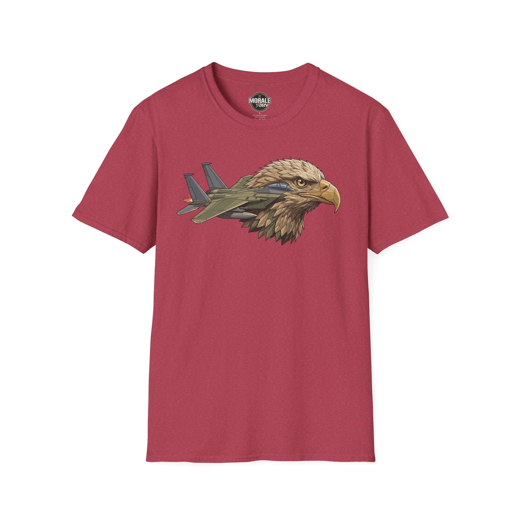 Burgundy t-shirt with eagle head and fighter jets graphic on the chest