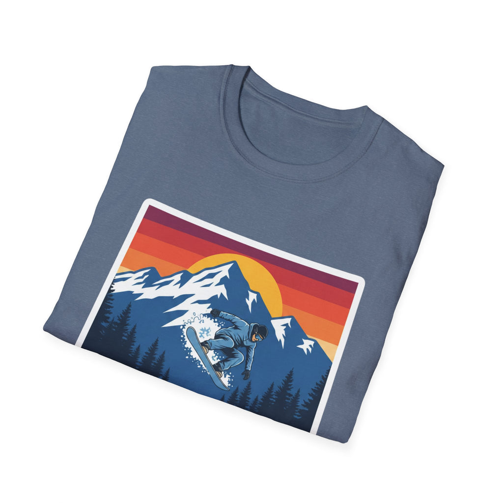 Blau-graues T-Shirt mit großem Colorado-Mountain-Sunset-Graphic auf der Vorderseite
