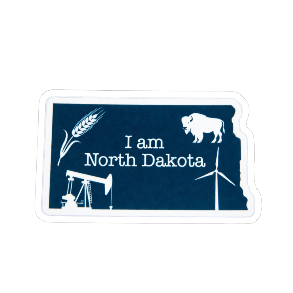 I am North Dakota blue sticker with buffalo, windmill and text