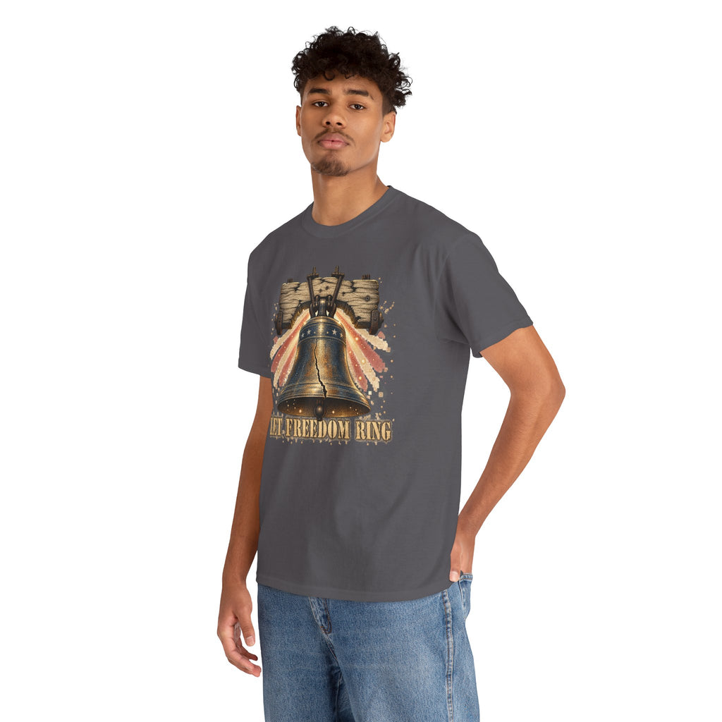 Charcoal Liberty Bell graphic t-shirt on model, centered print