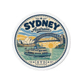 Round Sydney Australia illustrated die-cut magnet with ferry, bridge, and SYD text
