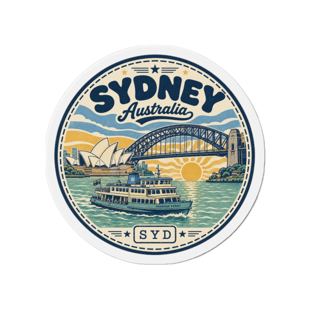 Round Sydney Australia illustrated die-cut magnet with ferry, bridge, and SYD text