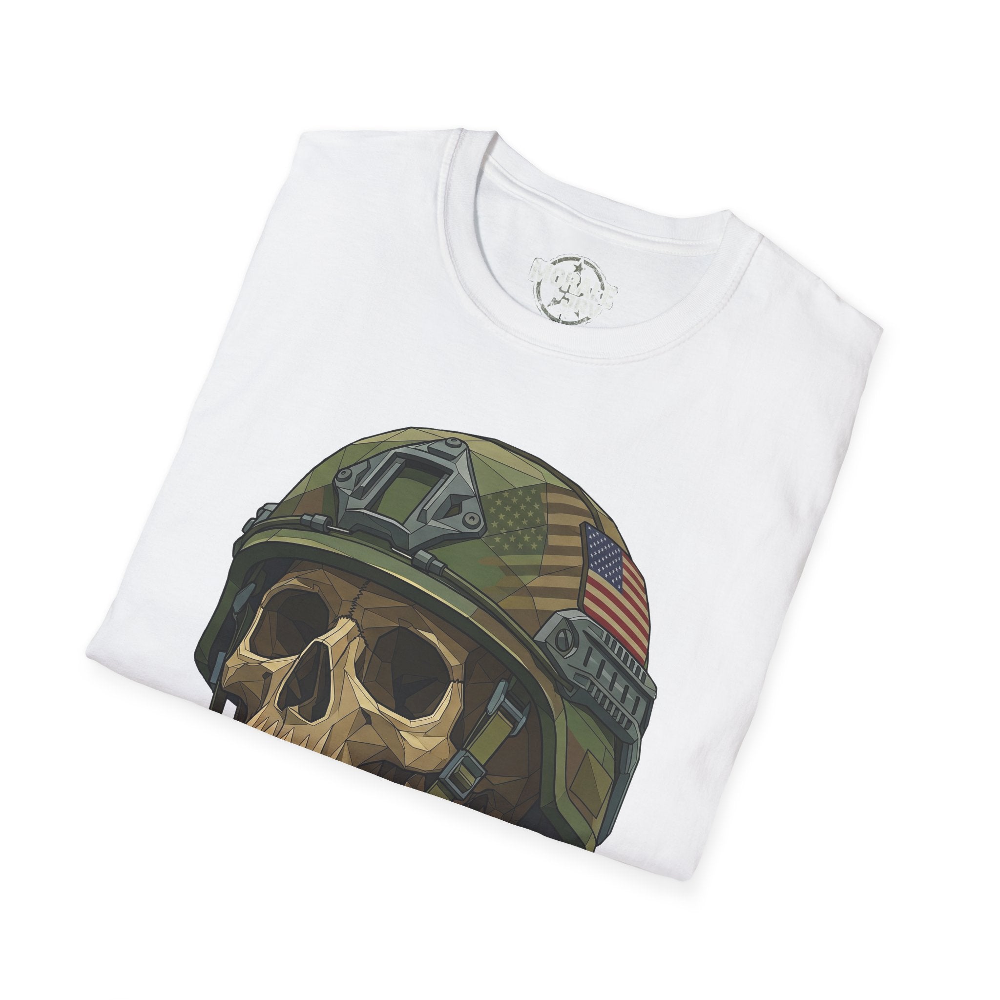 White T-shirt with camo helmet skull graphic and American flag patch, angled view