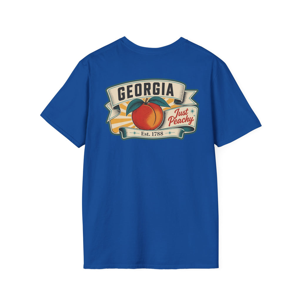 Royal blue T-shirt with Georgia badge logo and peach fruit graphic on front