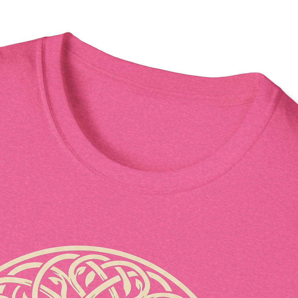 Celtic Tree of Life T-shirt neckline in bright pink with partial gold circle
