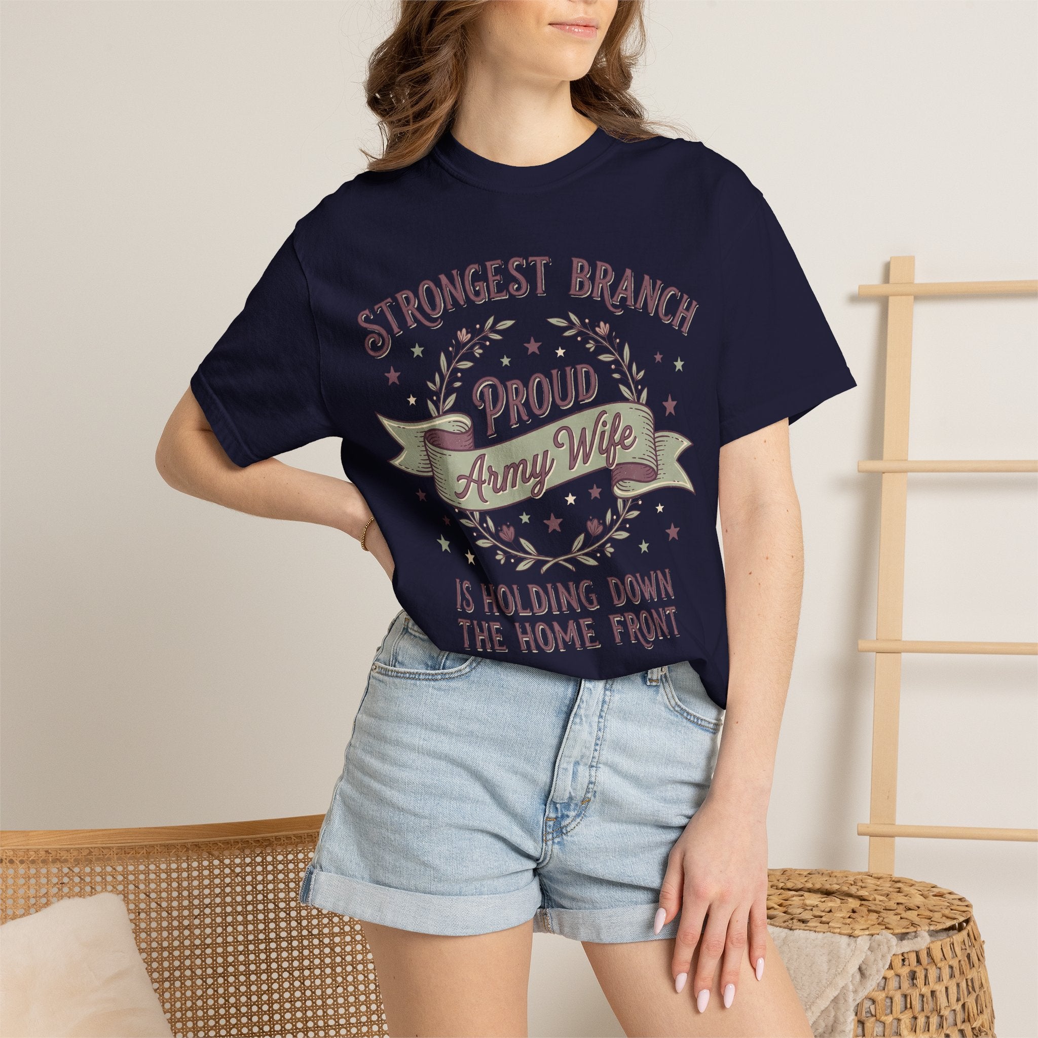 Navy T-shirt with 'Strongest Branch Proud Army Wife' front graphic