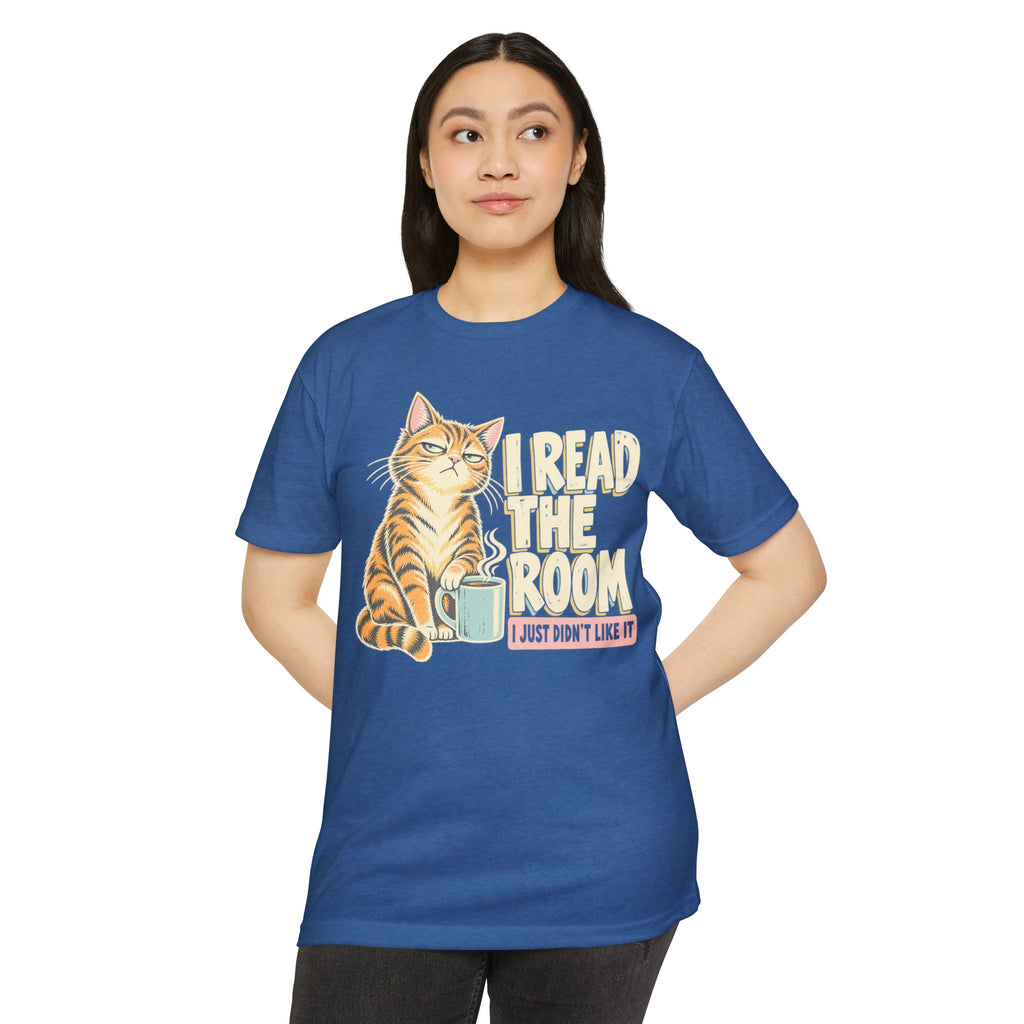 Navy cat graphic t-shirt with 'I READ THE ROOM' and coffee cup
