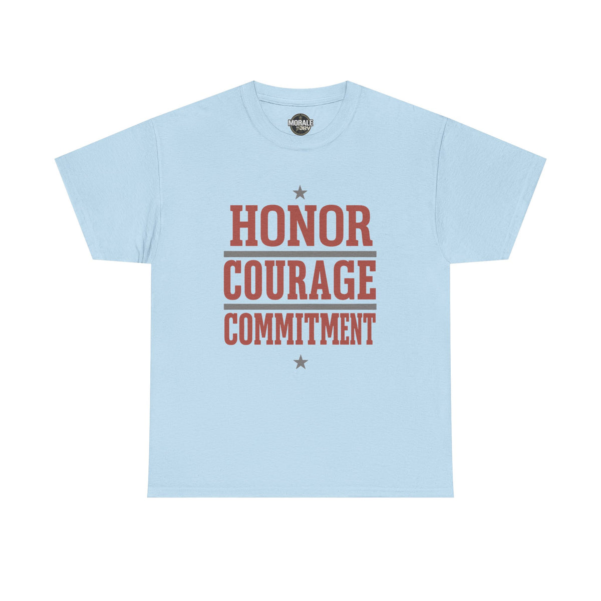 Light blue unisex T-shirt with “HONOR COURAGE COMMITMENT” graphic and star