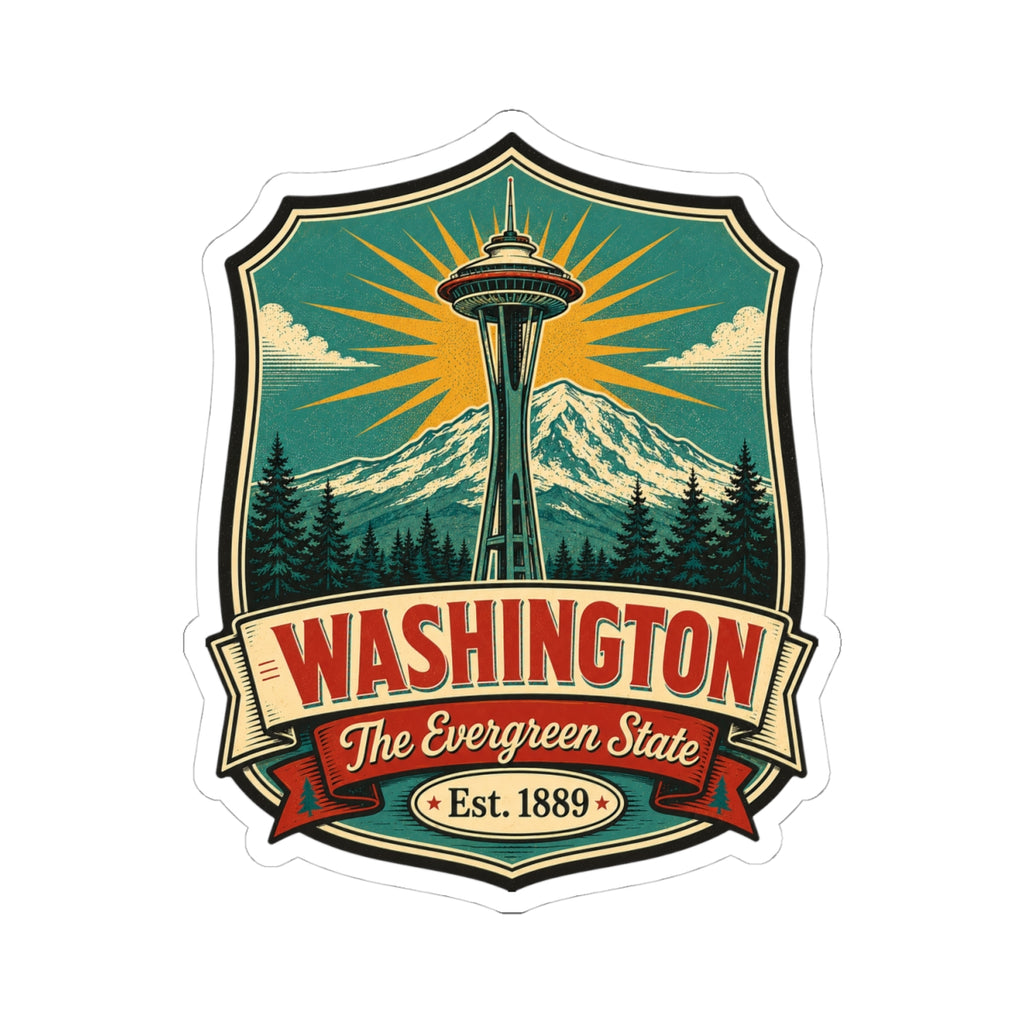 Washington State vinyl decal badge-style sticker with Space Needle, mountain landscape, and evergreen trees