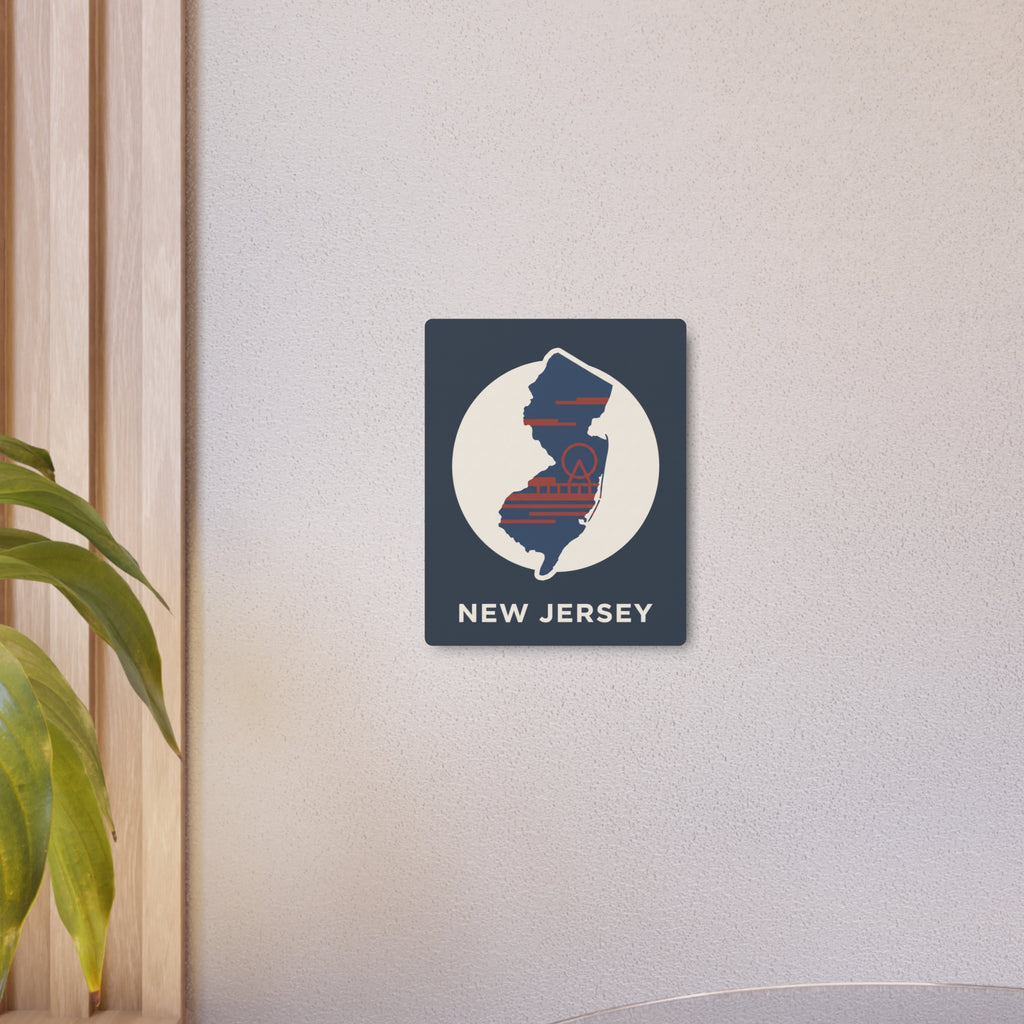 Small metal New Jersey wall sign, dark blue square with map silhouette in white circle, “NEW JERSEY”