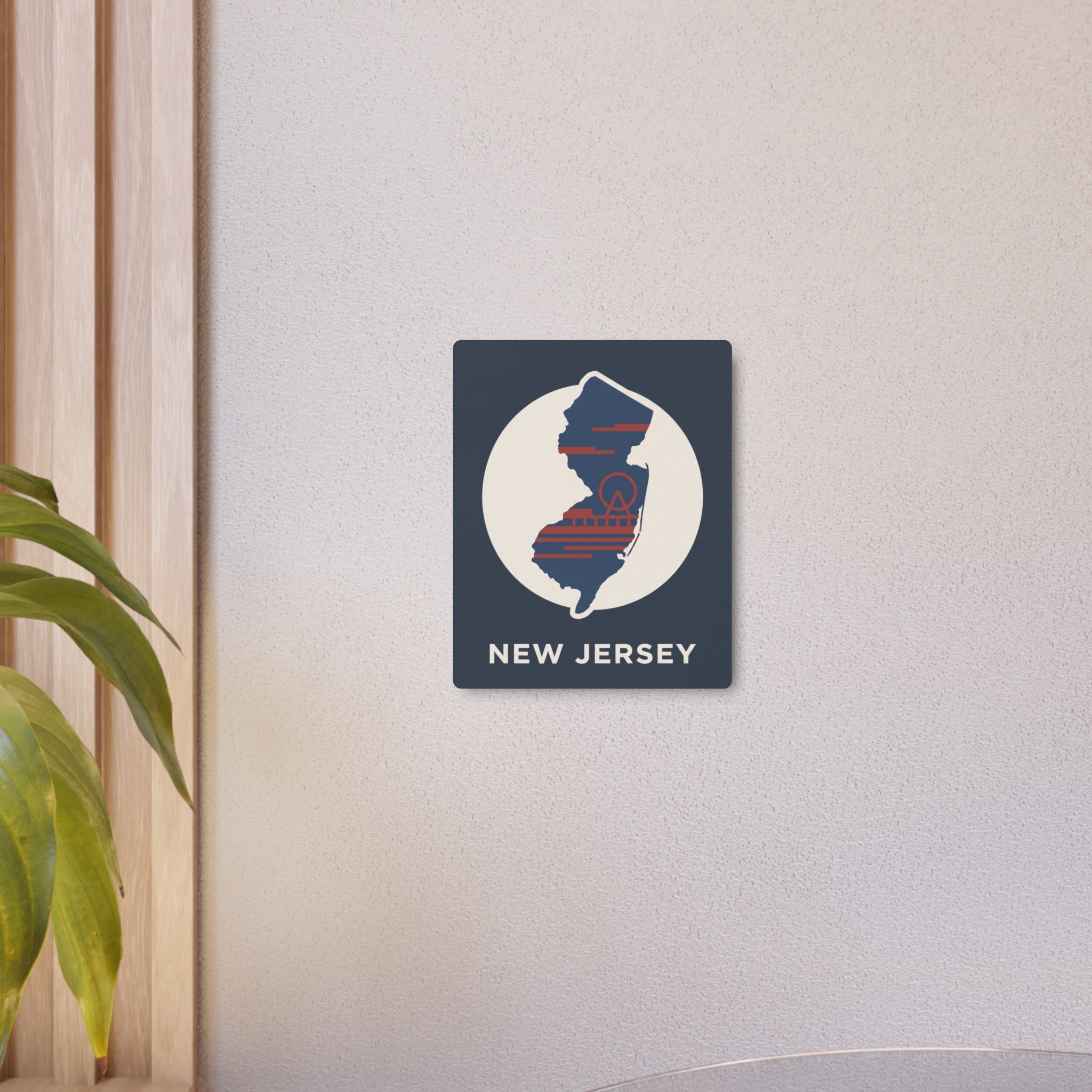 Small metal New Jersey wall sign, dark blue square with map silhouette in white circle, “NEW JERSEY”