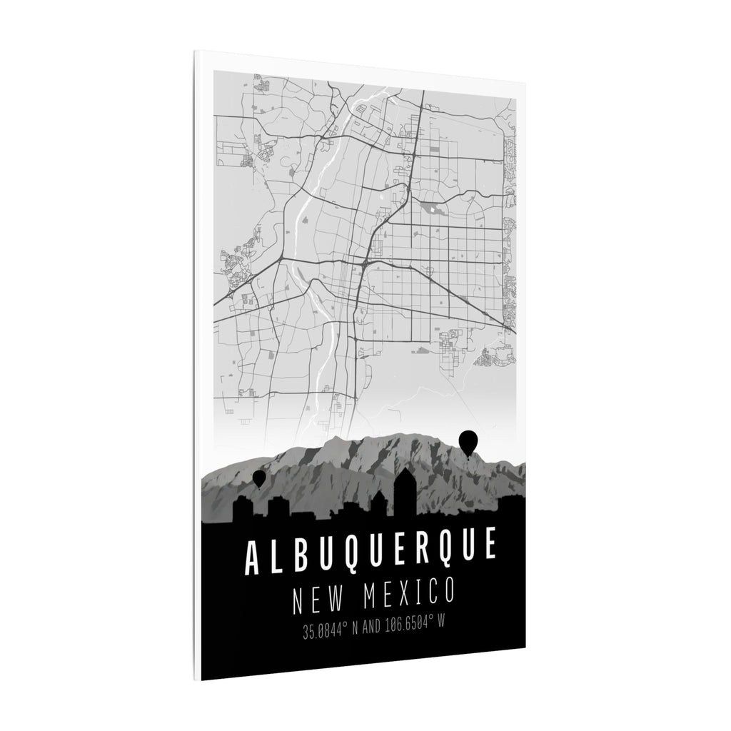 Albuquerque New Mexico map canvas with city skyline, mountain shapes, and coordinates