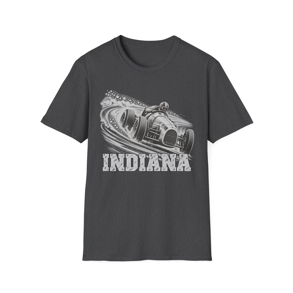 Dark charcoal T-shirt with vintage open-wheel race car and Indiana graphic on chest