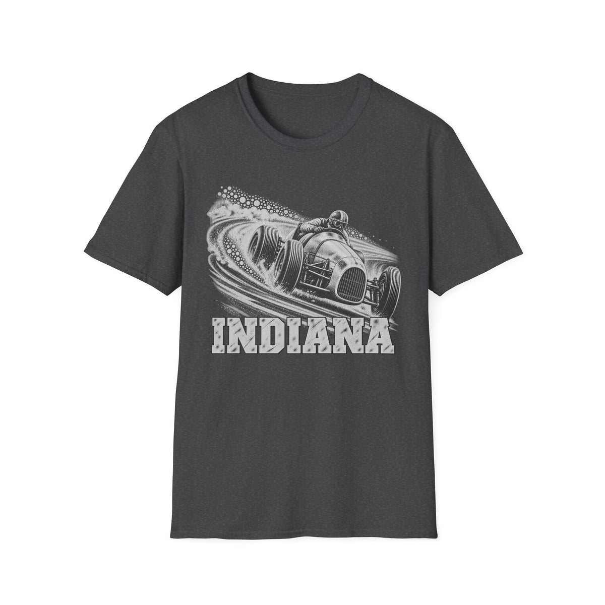Dark charcoal T-shirt with vintage open-wheel race car and Indiana graphic on chest