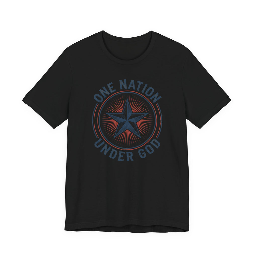 Black patriotic star badge T-shirt with 'Under God' text
