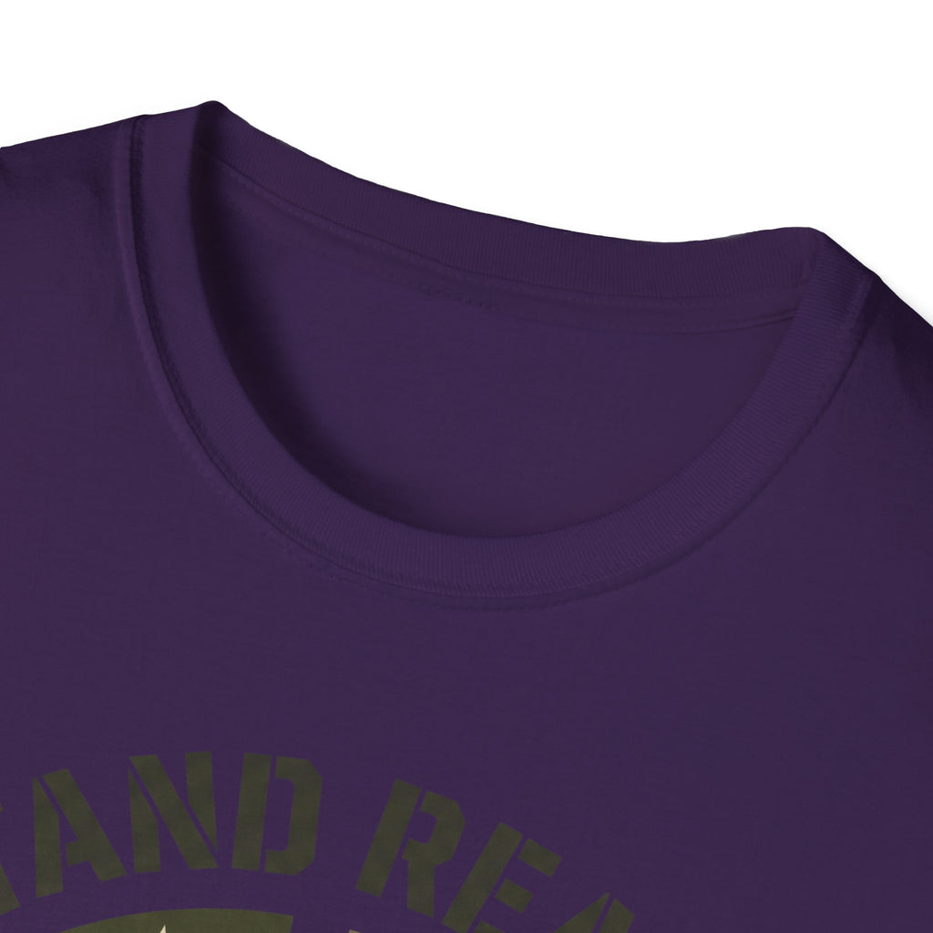 Purple crew-neck T-shirt neckline with partial graphic text near hem